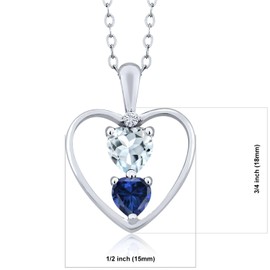 925 Sterling Silver Sky Blue Aquamarine Blue Created Sapphire and White Moissanite Pendant Necklace For Women (0.92 Cttw, Gemstone March Birthstone, Heart 5MM and 4MM, with 18 Inch Silver Chain)