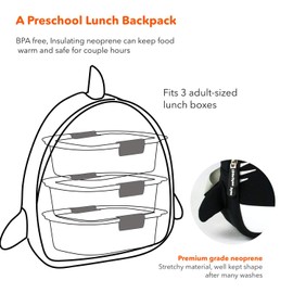 Machine Washable Toddler Shark Backpack & Lunch Bag, Easy to Clean, Durable Neoprene is recycle & reusable, great for Boys & Girls for beach, picnic, outdoor & preschool, 10.6x10.2 inch
