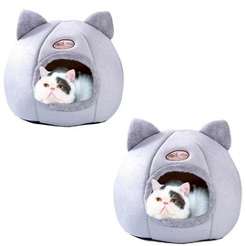 NPET Cat Beds for Indoor Cats, Cat Bed Cave with Removable Washable Cushioned Pillow, Soft Plush Premium Cotton No Deformation Pet Bed, Cat Ear House Design, Multiple Sizes Grey, L-2pcs
