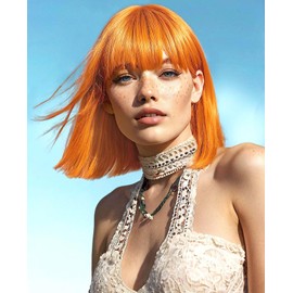 MeaYOO Ginger Wig with Bangs for Women, 12 Inch Orange Bob Wig, Short Wigs Natural Looking Straight Synthetic Heat Resistant Fiber Wigs for Girls Daily Party Use, Ginger Colorful Cosplay Bob Wigs
