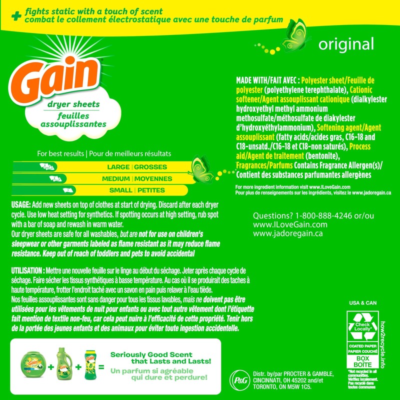 Gain dryer sheets Plus Wrinkle Release, Original Scent, 240 Count,