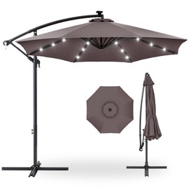 Best Choice Products 10ft Solar LED Offset Hanging Market Patio Umbrella for Backyard, Poolside, Lawn and Garden w/Easy Tilt Adjustment, Polyester Shade, 8 Ribs - Deep Taupe