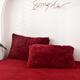 MorroMorn Decorative Pillows Covers, 2 Packs Faux Fur Pillow Cases, Luxury Shaggy Throw Pillowcase Cushion Shams with Zipper Home Decor for Couch Sofa Bed Room (Dark Red, King/California King)