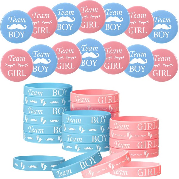 48 Piece Gender Reveal Set, Includes 24 Piece Gender Reveal Button Pin 24 Piece Gender Reveal Bracelet Team Boy Girl Button Pin Wristband for Baby Shower Party Gender Reveal Party (Classic Style)