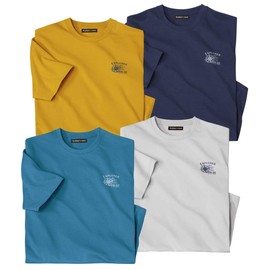 ATLAS FOR MEN - Pack of 4 Men's Tea Shirts - Short Sleeves - Available in Large Sizes from M to 5XL, Light grey, ochre, blue, dark blue