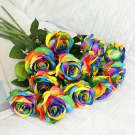 Laelfe 12 PCS Artificial Flowers Rainbow Roses Silk Flowers Fake Long Stem Artificial Colorful Roses for Christmas Home Wedding Bathroom Kitchen Decorations (Colorful)