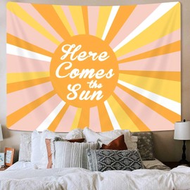 Sun Tapestry, 60s 70s Retro Here Comes The Sun Aesthetic Wall Art Tapestries, Girls Cute Vintage Brown Pink Tapestry Wall Hanging for Bedroom Dorm Living Room Decor(60x40in)