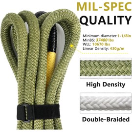 NTR 1" x 20' Kinetic Recovery Tow Rope (37,480lbs), with 2 UHMWPE Soft Shackles (40,980lbs), Heavy-Duty Offroad Snatch Strap, Vehicle Recovery kit for Jeep car Truck ATV UTV SUV,Olive