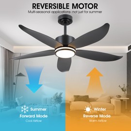 Kviflon 48" Ceiling Fans with Lights and Remote Control, Modern Ceiling Fan Light with 5 Reversible Blades 6 Speeds, 3 Colors Dimmable+Ring Lights, 2 Downrods for Bedroom Dining Room,Black