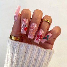 24Pcs Chritsmas Long Press on Nails Pink Square Fake Nails Cute Gingerbread Man Glue on Nails Winter Snowflake False Nails Glossy Candy Cane Design Fake Nails Christmas Long Nails for Women Girls