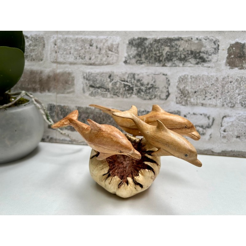 MAISONICA Dolphin Family Ornament Sculpture - Hand Carved Wooden Art