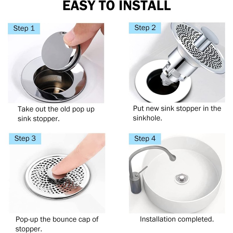 Bathroom Sink Plug with Hair Strainer, Universal Pop Up Drain