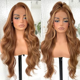 BlackSwern 13x6 HD Glueless Lace Frontal Wigs Pre-Plucked, 200 Density Honey Blonde Sunkissed Highlights Synthetic Long Body Wave Lace Front Wig Ready to Wear, 26inch #4/27 Sunkissed Highlights
