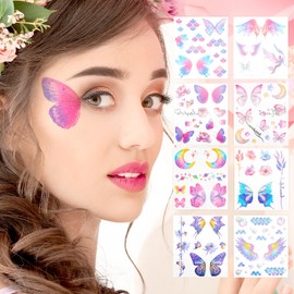 WLLHYF 14 Sheets Glitter Butterfly Temporary Tattoos Sticker for Women Girls Eye Face Makeup Decoration Fairy Shiny Waterproof Fake Tattoos for Festival Party Favors Eye Decor