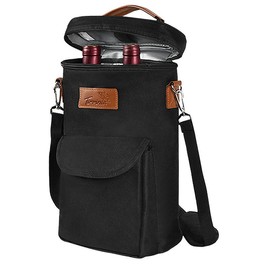 Tirrinia 2 Bottle Wine Gift Tote Carrier - Leakproof & Insulated with large pockets Wine Cooler Bag for Travel,Wine Tasting, Party, Dinner, Great Christmas Gift for Wine Lover - Color: Black