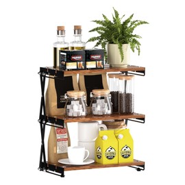 FEXIA Coffee Bar Organizer Foldable 3 Tier Carbon Steel Shelf for Coffee Bar Accessories, Condiment Storage Caddy for Kitchen Home Office Brown and Black