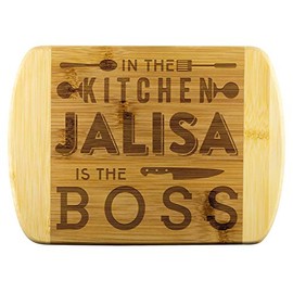 Mom To Be Gifts - In The Kitchen Jalisa Is The Boss - Mothers Day Gifts, Gift Ideas For Mom, Funny Cutting Board Engraved Bamboo Chopping Block, Bamboo Engraved Cutting Board