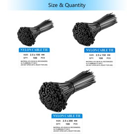 TTCUDADN Cable Ties Black - 300 Pack 2.5mm Zip Ties, Tie Wraps for Home, Office, Garden, Cable Management, Assorted in Sizes 100mm, 150mm, 200mm(100 pcs/Size)