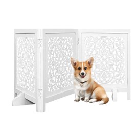 Woodify Decorative Freestanding Dog Gate – 60"x24" Folding 3 - Panel (Each Panel - 20") Wooden Pet Gate, Daisy Design, White Antique Finish, Indoor Dog Fence for Doorways, Hallways, Stairs Home Use
