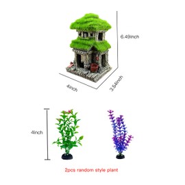 AWXZOM Fish House for Aquarium Aquarium Decorations Fish Hideout Fish Tank House with Lifelike Moss, Come with 2 pcs 4 inch Artificial Aquarium Plants