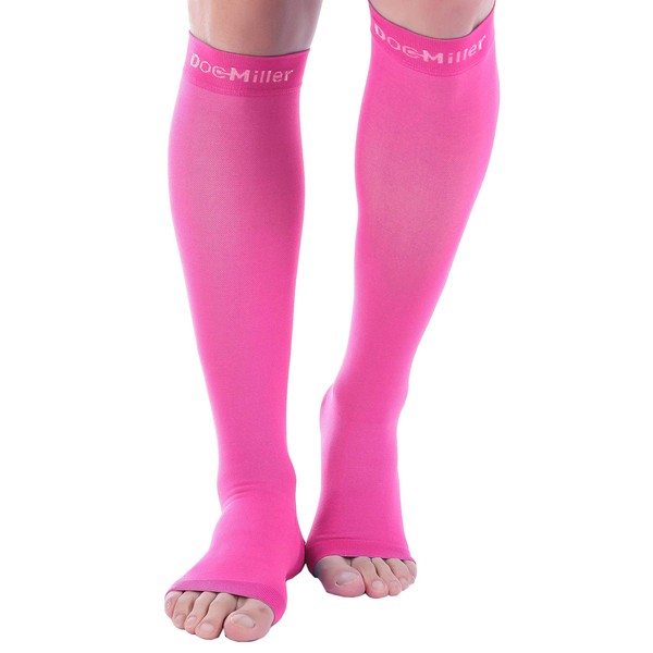 Doc Miller Open Toe Compression Socks Women and Men, Toeless Compression Socks Women, Support Circulation Shin Splints and Calf Recovery, Varicose Veins, 1 Pair Pink Knee High, Large, 20-30mmHg