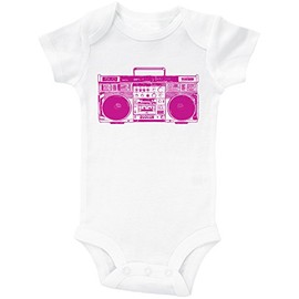 Baffle Retro Music Baby Onesie/Pink Boombox/Baby Bodysuit for Girls (18-24M, White SS)