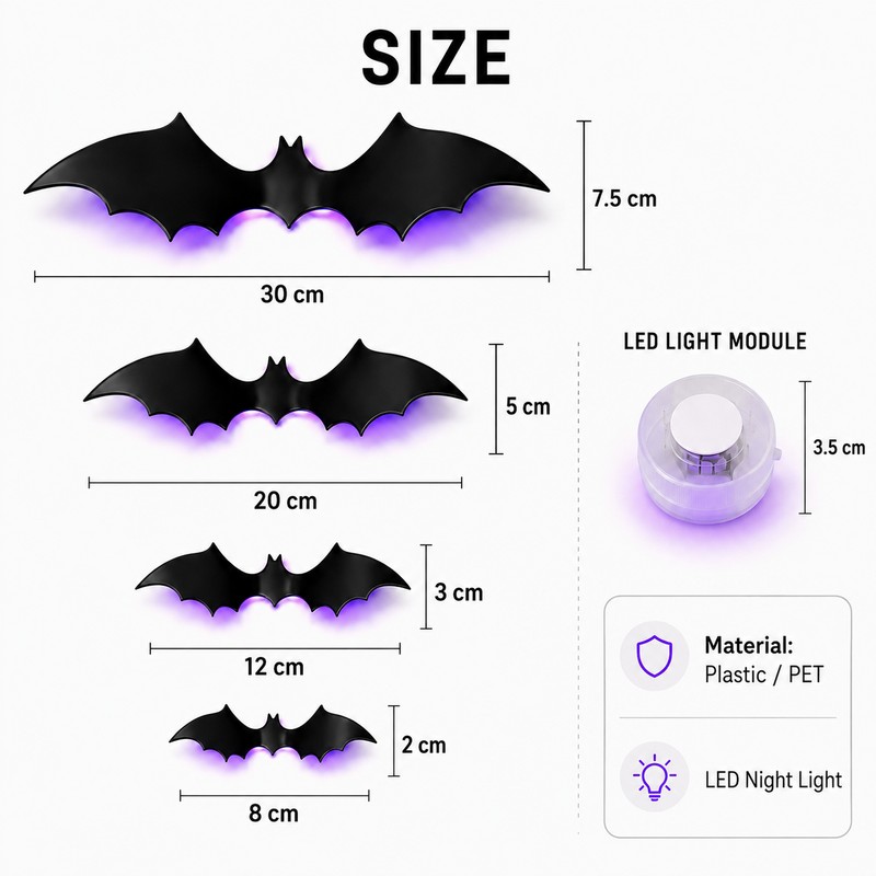 LED 3D Halloween Bat Wall Decorations – Light-Up Bendable Flying