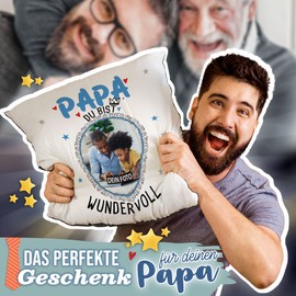 PR Print Royal Cushion with Photo Design Yourself – Papa du bist wundervoll – Gifts for Dad from Children, Dad Gift Ideas | Photo Cushion with Filling, Grey Back, 40 x 40 cm
