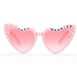 Etercycle Pink Heart Sunglasses, Just Married Pearl Cute Glasses for Women, Bride Engagement Gifts Sun Glasses For Bachelorette Party Accessories