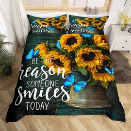 Manfei Sunflower Duvet Cover Set King Size Blue Butterfly Bedding Set 3pcs for Kids Teens Adult Room Decor,Plant Botanical Animal Theme Comforter Cover Soft Warm Sunny Quilt Cover with 2 Pillowcases