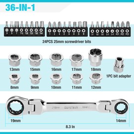 DURATECH 12-in-1 Flex-Head Ratcheting Wrench Set & 24-in-1 Screwdriver Set, Double Box End Wrench 8-19mm, 1/4" Drive Adapter with 24PCS Driver Bits, CR-V Steel, with Tool Box