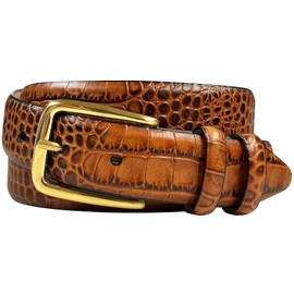 Andrea Women's Dress Belt Solid Brass Buckle (Gold) Italian Calfskin Genuine Leather Dress Belt 1-1/8"(30mm) Wide (Alligator Tan, 32)