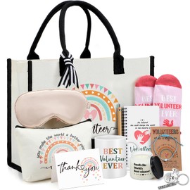 Leinuosen 12 Pcs Volunteer Appreciation Gifts Set for Women Trapezoid Grocery Canvas Tote Bag with Handle Makeup Bag Mug Scented Candle Novelty Socks for Volunteer Month Gift Basket Stuffer Supplies