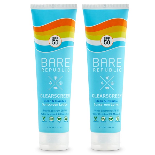 Bare Republic Clearscreen Sunscreen SPF 50 Sunblock Body Lotion, Water Resistant with an Invisible Finish, 5 Fl Oz Each, 2 Pack