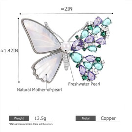 Elegant Silver Butterfly Brooch - Copper with Tungsten Gold Plating, Zirconia, Abalone Shell & Freshwater Pearl - Luxury Jewelry for Women, Gift for Special Occasions