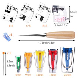 Bias Tape Tool Kit with Instruction, 5 Sizes Bias Tape Maker (6mm 9mm 12mm 18mm 25mm) with 4 Pcs Sewing Machine Presser Foot, Sewing Clips, Ball Point Pins, Awl, for Fabric Sewing and Quilting