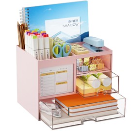 Marbrasse Desk Organizer with 3 Drawer, Multi-Functional Pencil Pen Holder for Desk, Desk Organizers and Accessories with 4 Compartments, Desktop Organizer Storage for Office Home Art Supplies (Pink)
