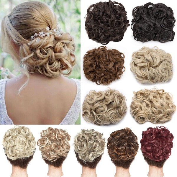 S-noilite Clip in Ponytail Hair Extension Short Messy Curly Dish Hair Bun Easy Stretch Hair Combs Updo Scrunchie Chignon Tray Ponytail Hairpiece -Chestnut brown & meaium bleach blonde