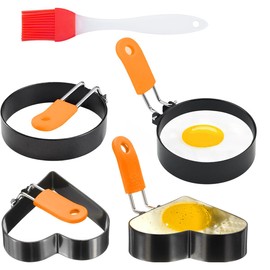 Egg Rings for Frying with Oil Brush, 4 Pcs Stainless Steel Non Stick Egg Moulds with Anti-Scald Folding Handle, Pancake Ring Moulds for Eggs Frying, Shaping, Pancakes, Mini Burger