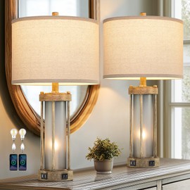Farmhouse Table Lamps Set of 2 for Living Room, Vintage Bedroom Nightstand Lamp with Dual USB Ports, Bedside Lamp with Frosted Glass Nightlight for End Table Entryway, 4 Bulbs Included (Earthy Gray)