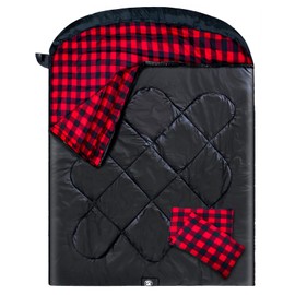 ShinHye Double Sleeping Bag for Adults with 2 Pillows, Camping Sleeping Bags Flannel Cotton 2 Person Sleeping Bags XXL Queen Size Sleeping Bag for Cold Weather (Black Red, 92"×62")