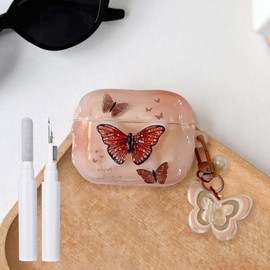 Hidysfas Compatible with AirPods Pro 2 Case Soft TPU with Cleaner Kit Cute Butterfly Keychain Cover for Girls Women Airpods Pro 2nd Generation-Brown Pink