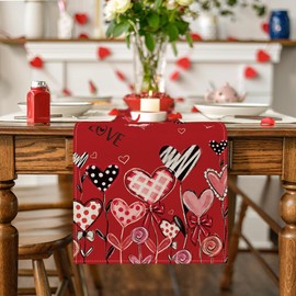 Artoid Mode Red Love Hearts Leaves Valentine's Day Table Runner, Seasonal Festival Kitchen Dining Table Decoration for Home Party Decor 13x108 Inch