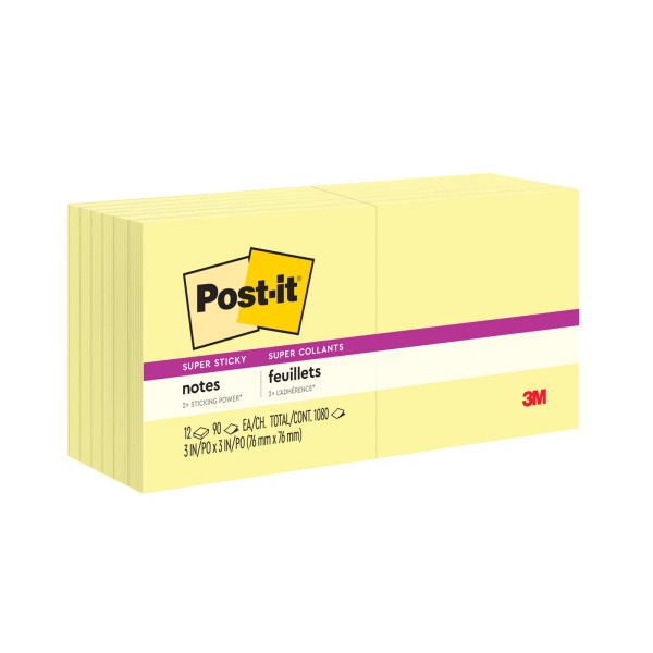Post-it® Super Sticky Notes 654-12SSCY, 3 in x 3 in