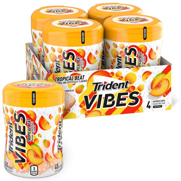 Trident Vibes Tropical Beat Sugar Free Gum, 4 Bottles of 40 Pieces (160 Total Pieces)