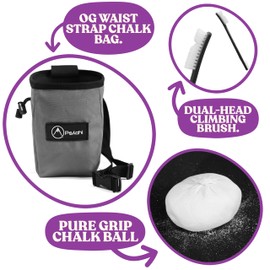 Psychi OG Waist Chalk Bag Starter Pack Bundle for Rock Climbing Bouldering Gym (Grey)