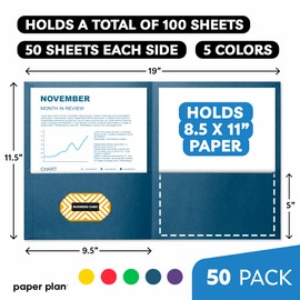 Folders with Pockets - (50 Pack), 8.5 x 11 Letter Size, 5 Bright Colors, Two Pocket Folders - Ideal for Easy and Efficient Document Organization