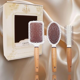 【Natural Craftsmanship】3-Piece Beechwood Handle Comb Set - Long Cushion Square/Oval Comb + Styling Roller Brush (Beige Pearl Foam Case, Travel-Friendly Hang Hole)