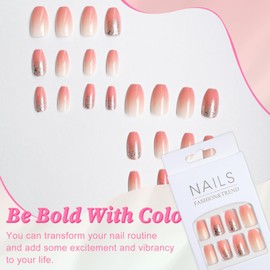 EternalClassic Coffin Press On Nails Medium Nude Pink Ombre Fake Nails Press ons, Gradient Press on Nails Medium Coffin Acrylic False Nails, 24PCS Glue On Nails Glitter Stick On Nails
