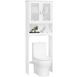 Yaheetech Over The Toilet Storage Cabinet with Double Tempered Glass Doors and Adjustable Shelf, Freestanding Bathroom Storage Rack, 66 Inches Height